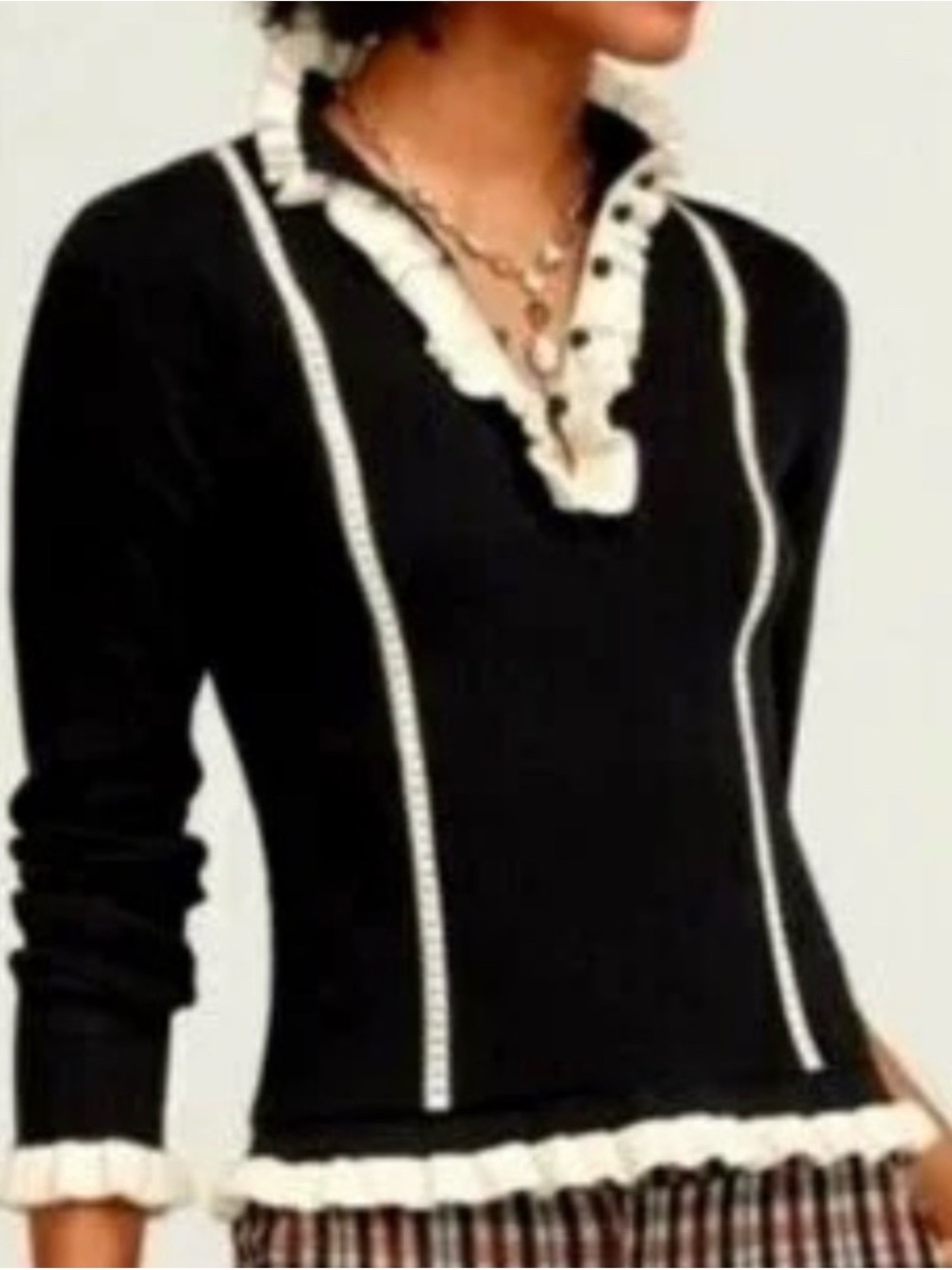 CAbi Adorn Pullover Sweater  with Cream Ruffle Trim and Contrast Piping EUC